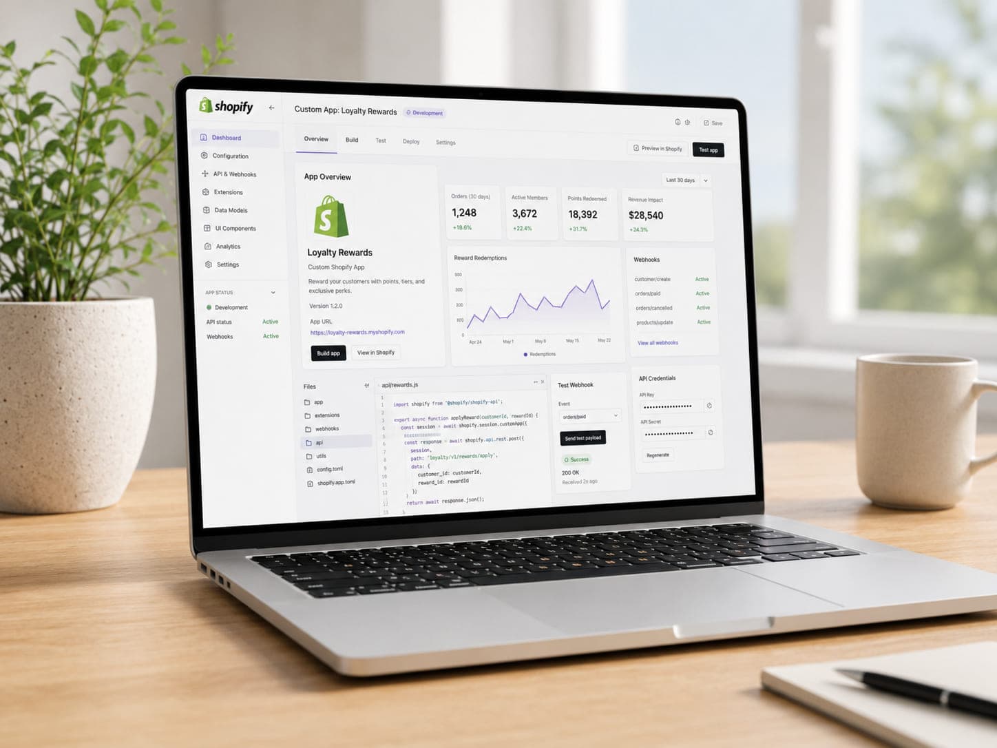 A custom Shopify app development dashboard with code and API settings