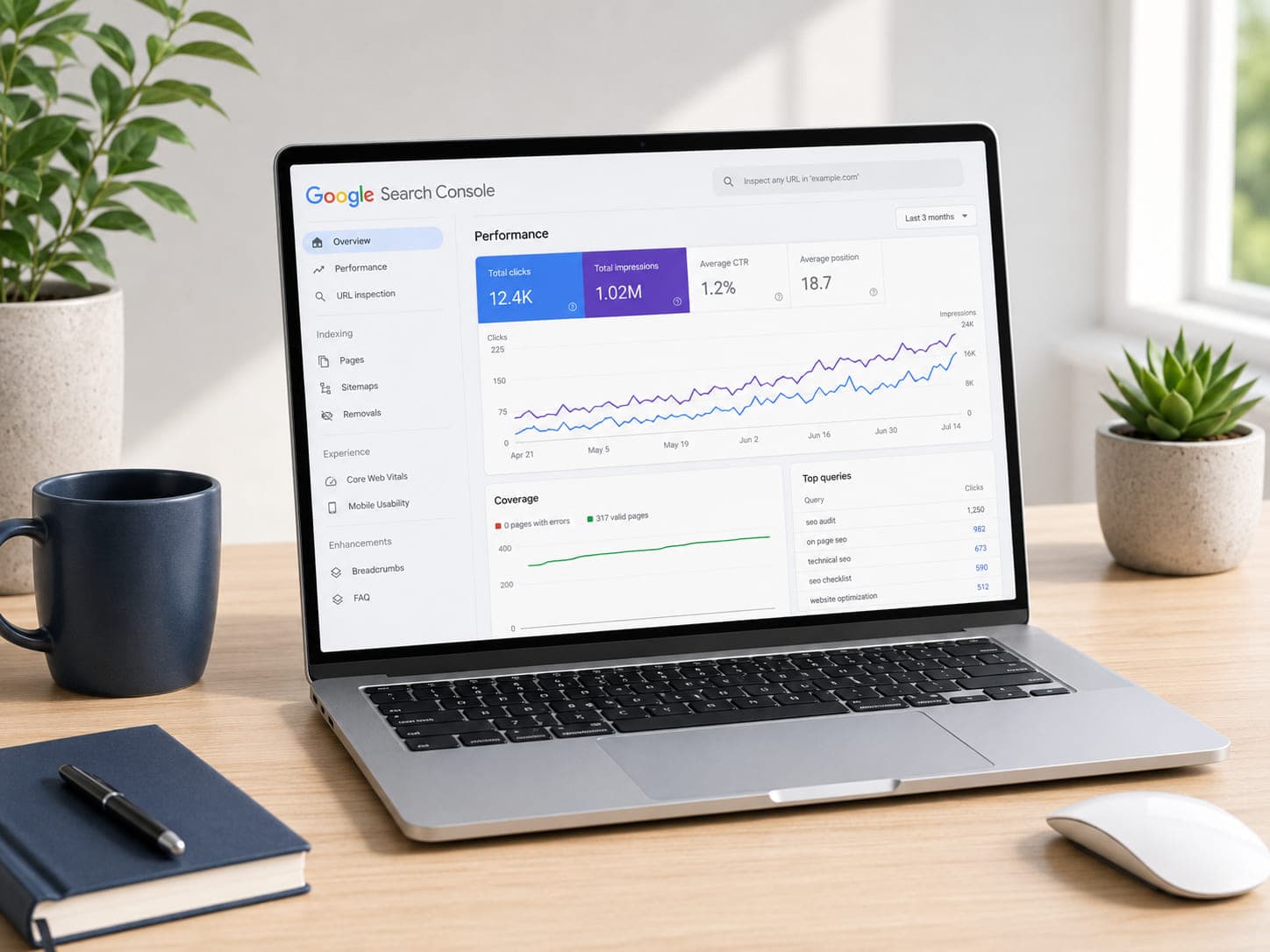A Google Search Console dashboard showing Shopify store search traffic climbing