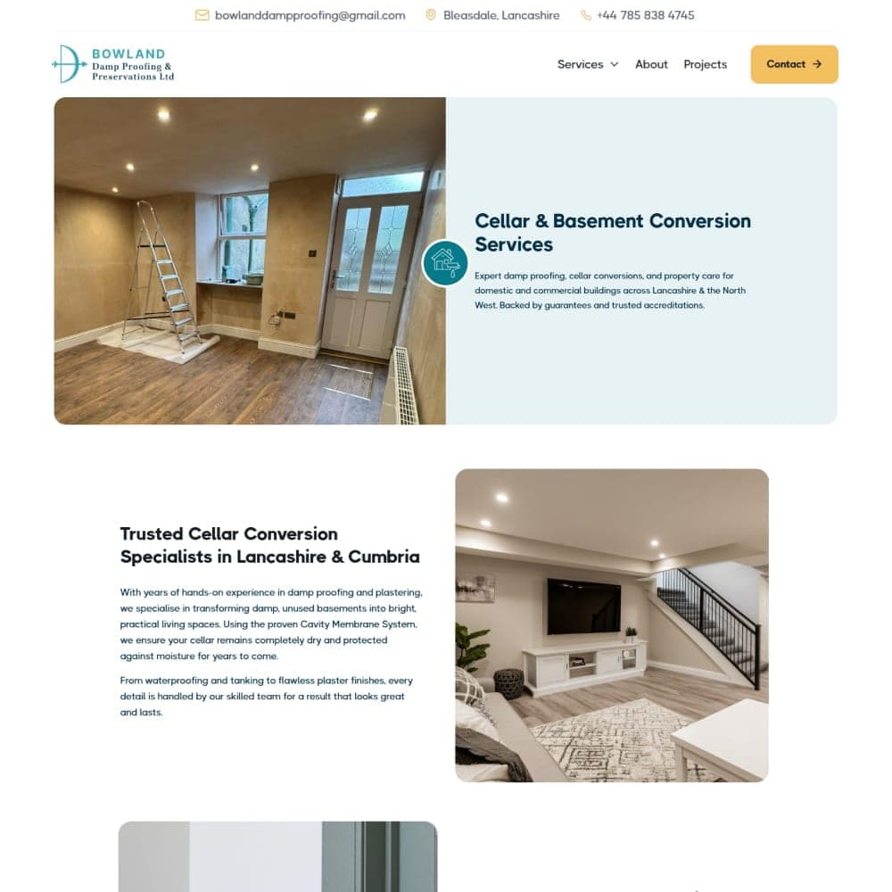 Service pages from the Bowland Damp Proofing website explaining damp proofing and preservation work