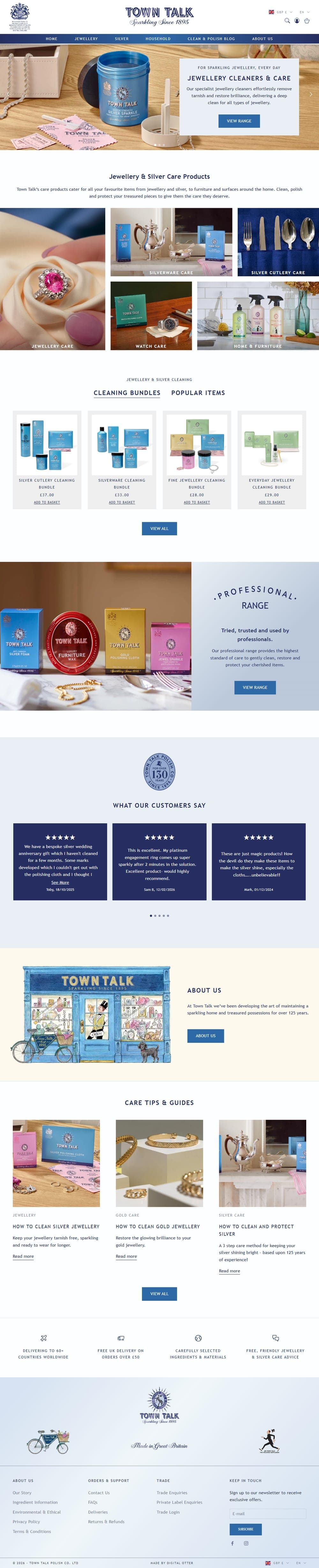 The full homepage of an international Shopify store built by Digital Otter for a heritage jewellery and silver care brand
