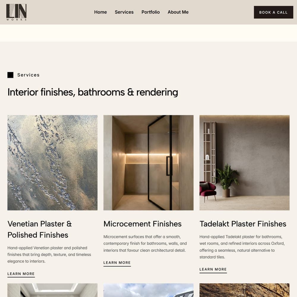 The LIN Works services, each finish with its own dedicated page: Venetian plaster, microcement and Tadelakt