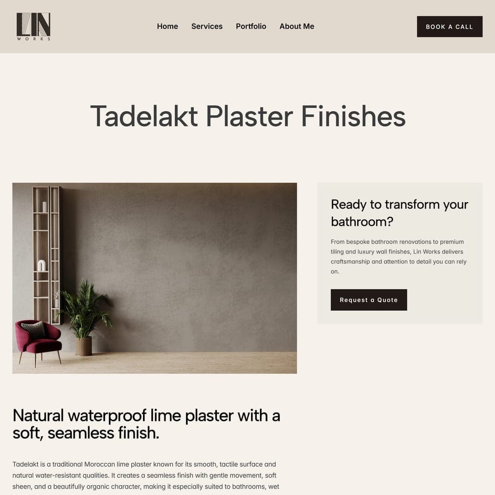 Service pages on the LIN Works website, from Tadelakt plaster to bespoke bathrooms