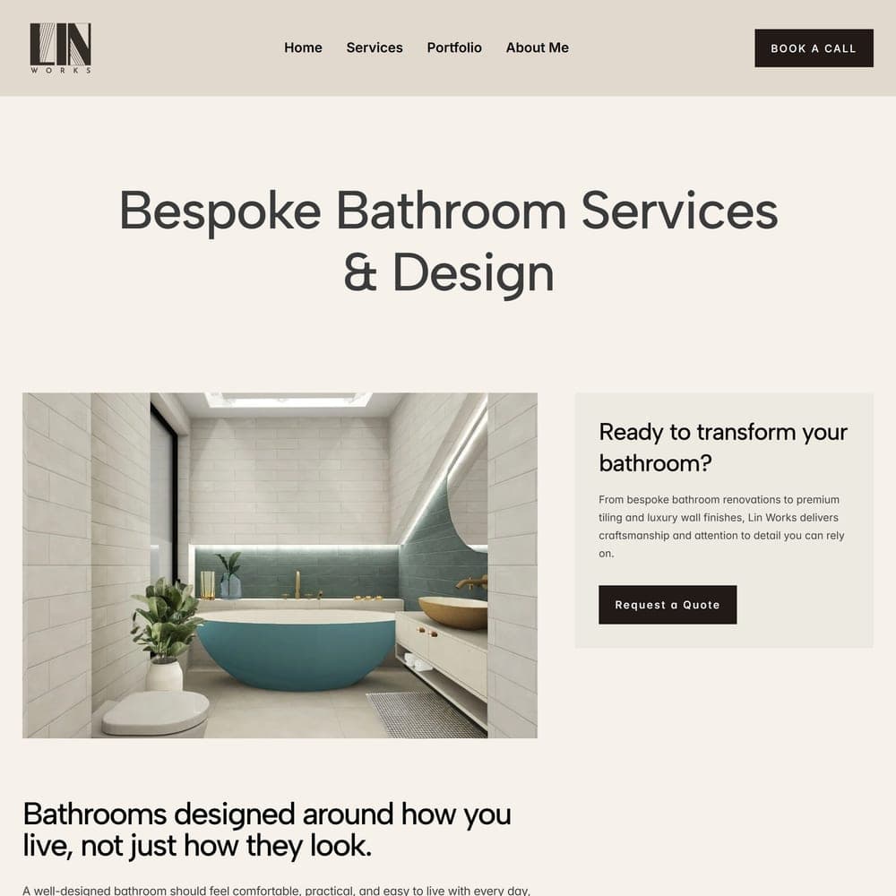 Service pages on the LIN Works website, from Tadelakt plaster to bespoke bathrooms