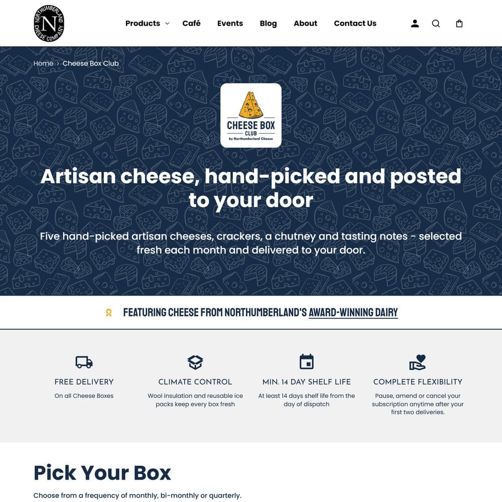 The Cheese Box Club pages in the club's own navy and yellow brand, inside the same Shopify store