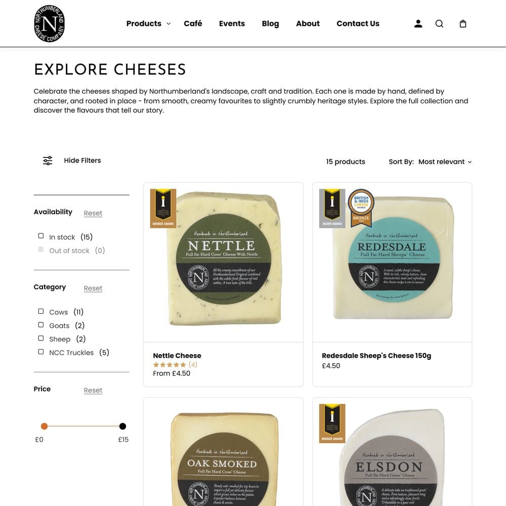 A Northumberland Cheese Company Christmas box with its add-a-drink option, and the cheese collection with filters and award badges