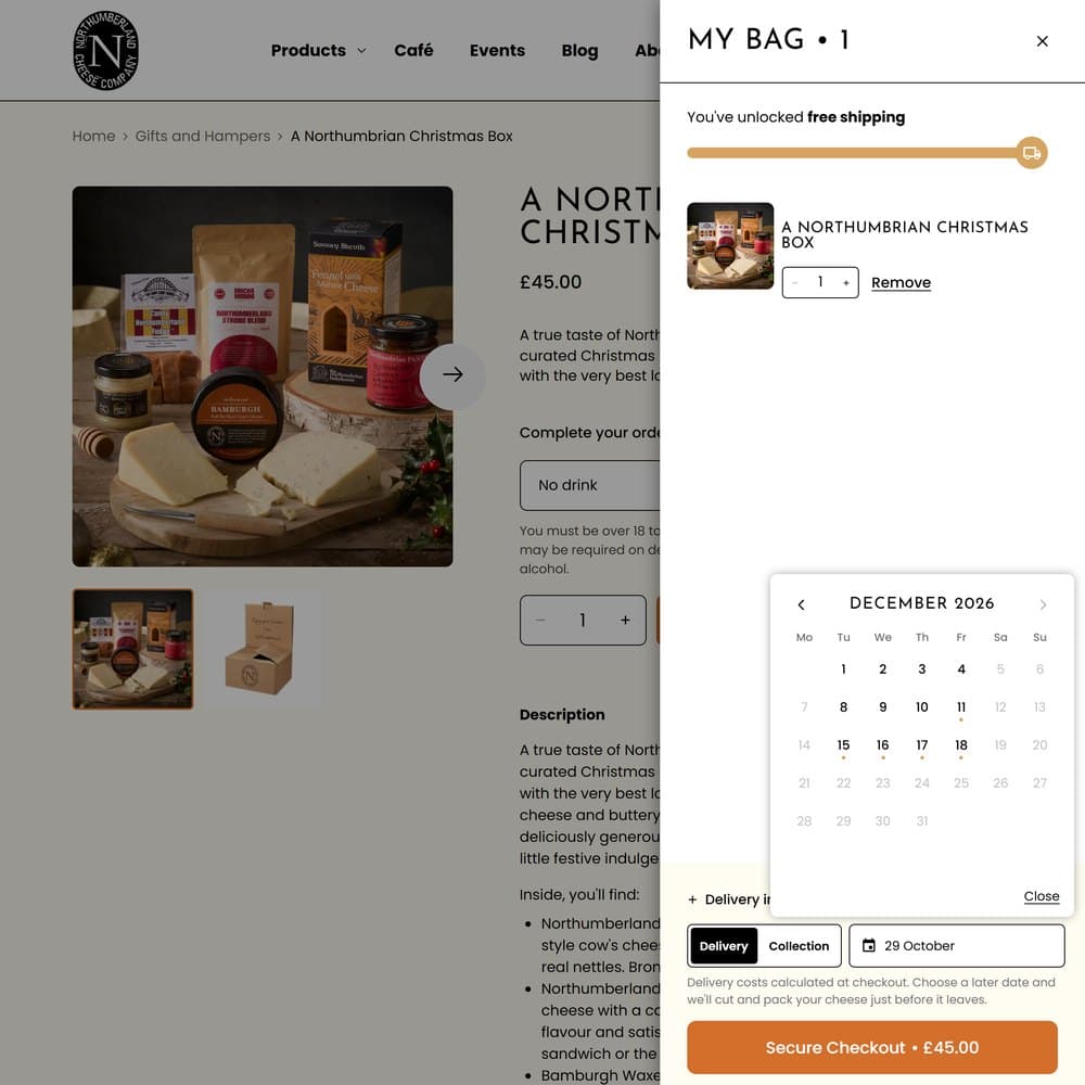 The basket's delivery date calendar open on December, the Nettle Cheese product page with its weight selector, and the shoppable Shop the Board photo