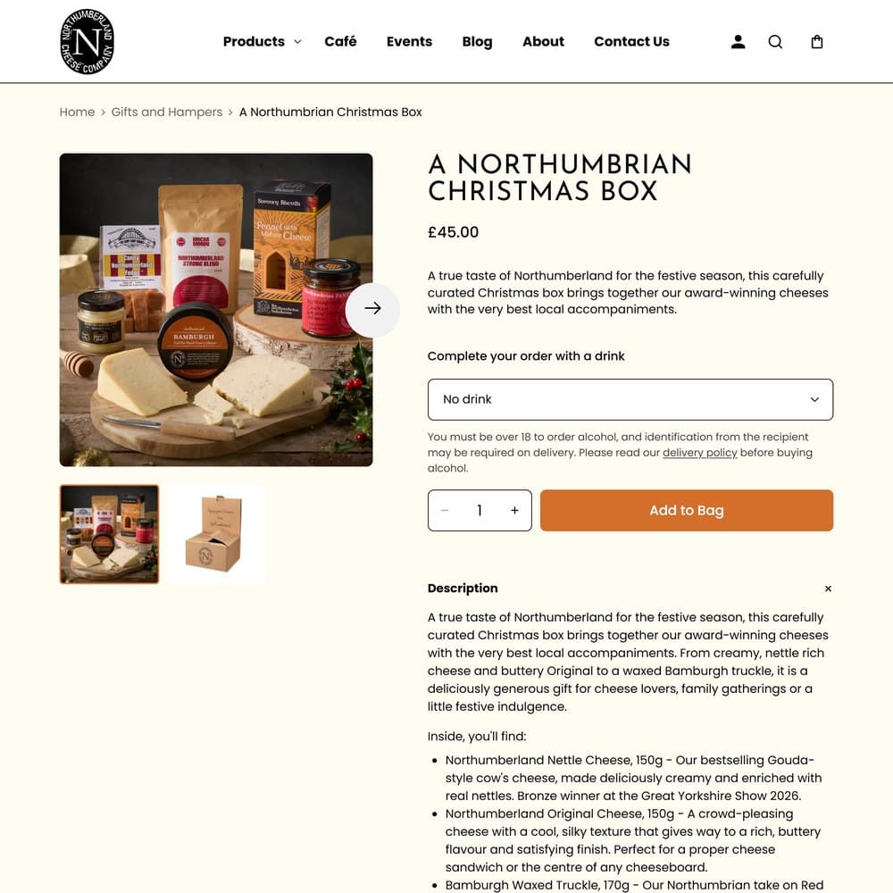A Northumberland Cheese Company Christmas box with its add-a-drink option, and the cheese collection with filters and award badges
