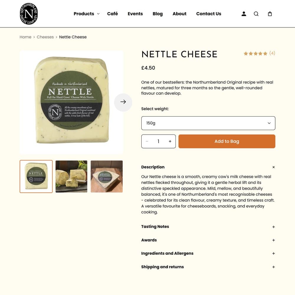 The basket's delivery date calendar open on December, the Nettle Cheese product page with its weight selector, and the shoppable Shop the Board photo