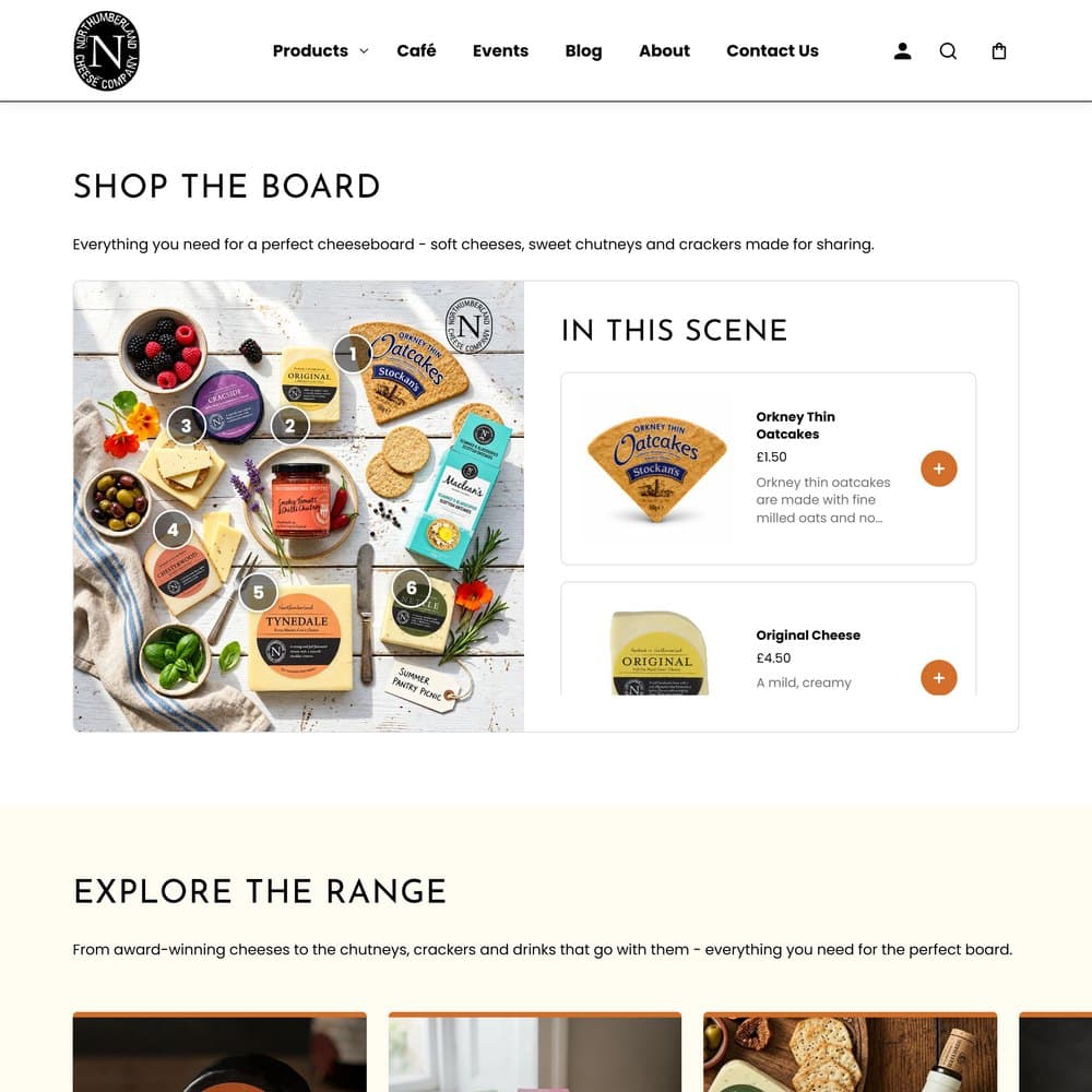 The basket's delivery date calendar open on December, the Nettle Cheese product page with its weight selector, and the shoppable Shop the Board photo