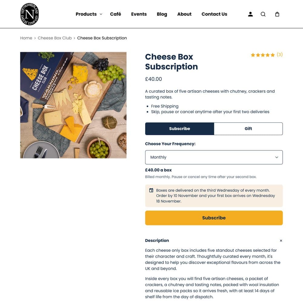 The Cheese Box Club pages in the club's own navy and yellow brand, inside the same Shopify store