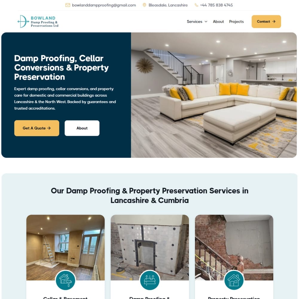 The Webflow website we designed for Bowland Damp Proofing, a Lancashire damp proofing company