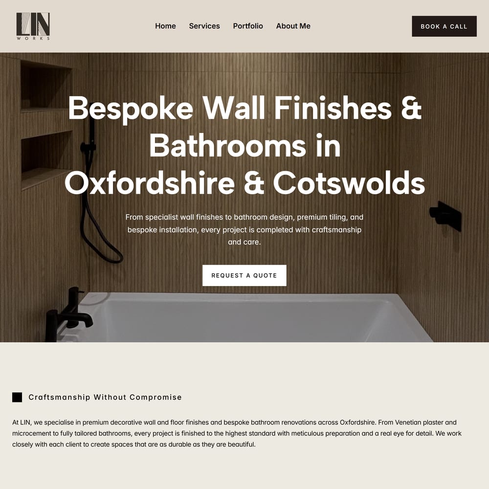 The Framer website we designed for LIN Works, a decorative finishes and bespoke bathroom specialist in Oxford