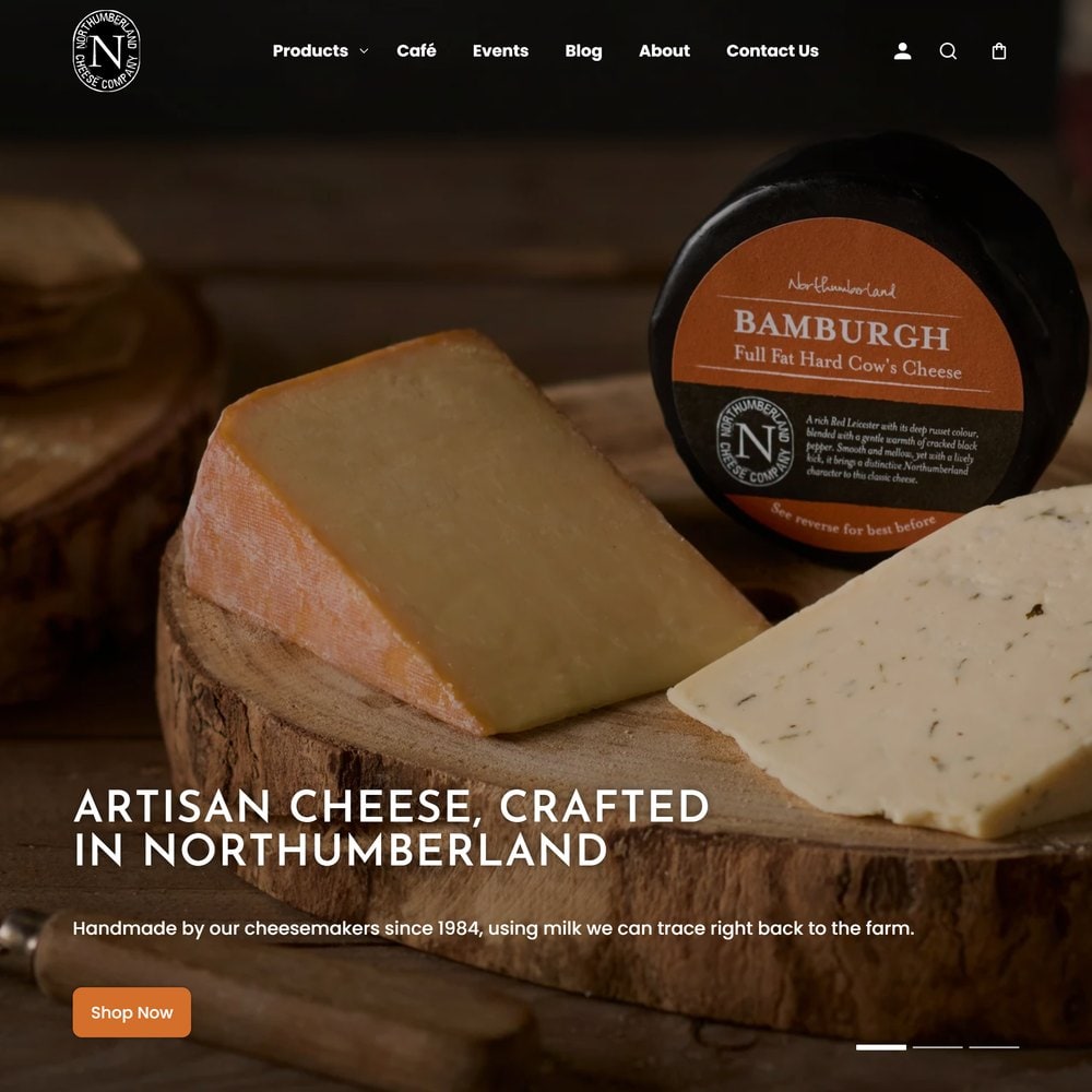 The Northumberland Cheese Company Shopify store homepage, with its Bamburgh cheese on a board
