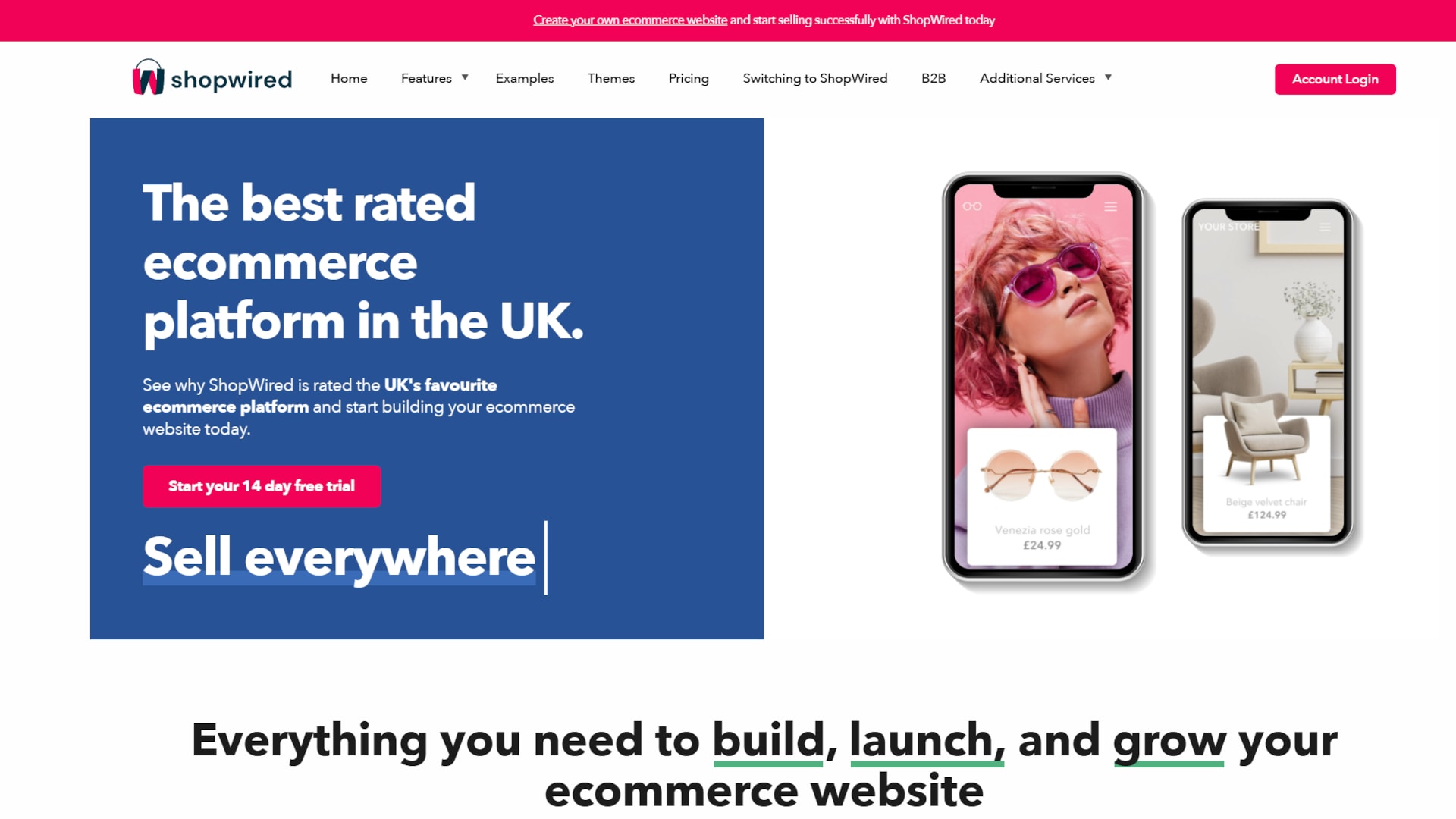 The ShopWired homepage, a UK-built ecommerce platform, shown with store examples on mobile