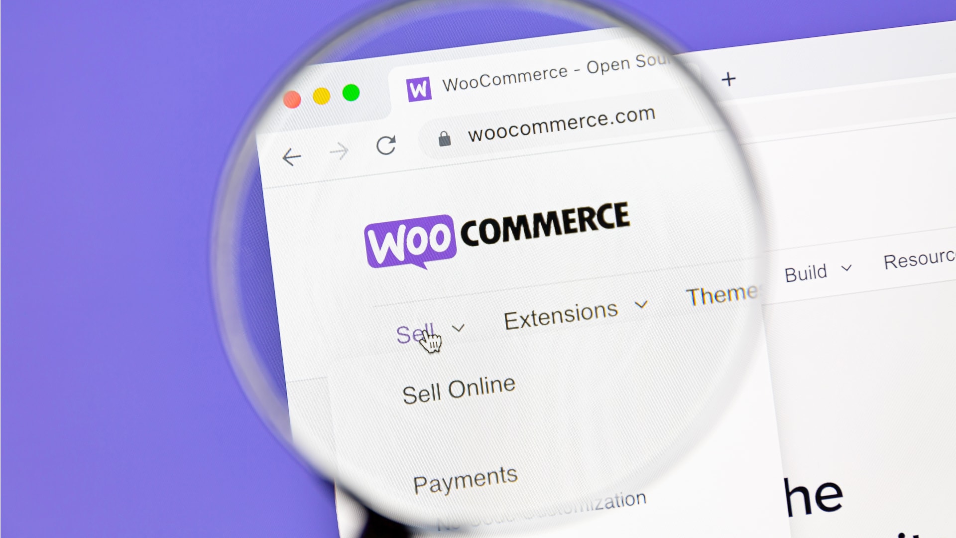 The WooCommerce website shown under a magnifying glass, the open-source ecommerce plugin for WordPress