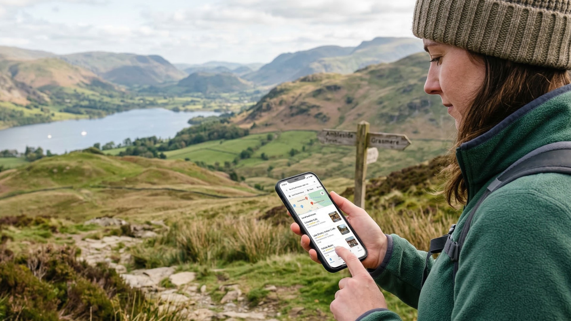 A person using a smartphone to search for local businesses while outdoors in the Lake District