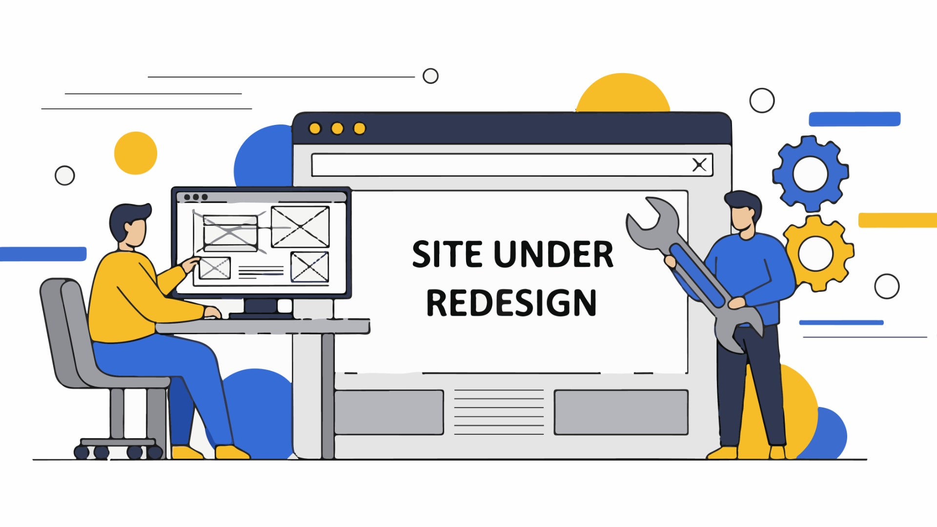 An illustration of two designers reworking a website, one rearranging page layout blocks on a monitor while the other stands with a spanner beside a browser window reading Site Under Redesign