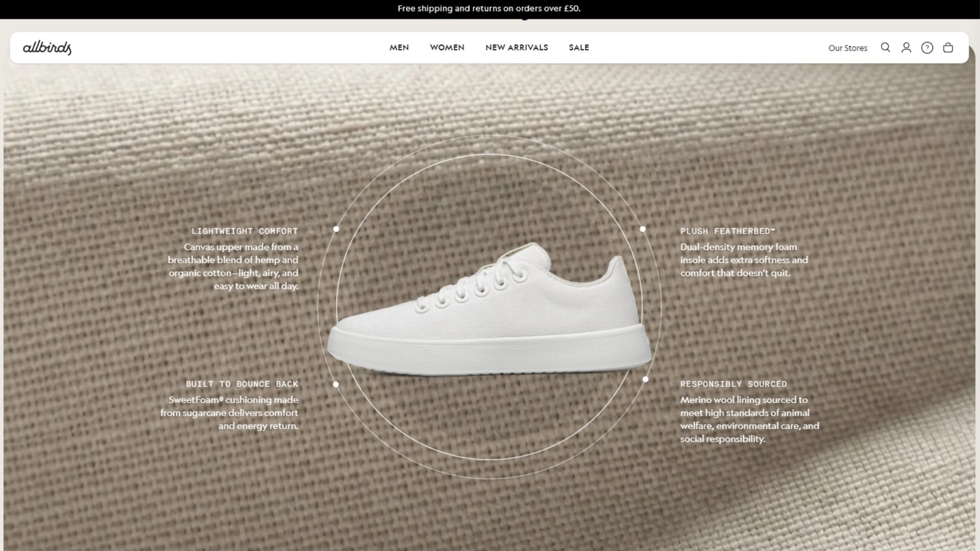 Allbirds product page showing lifestyle imagery and transparent material information