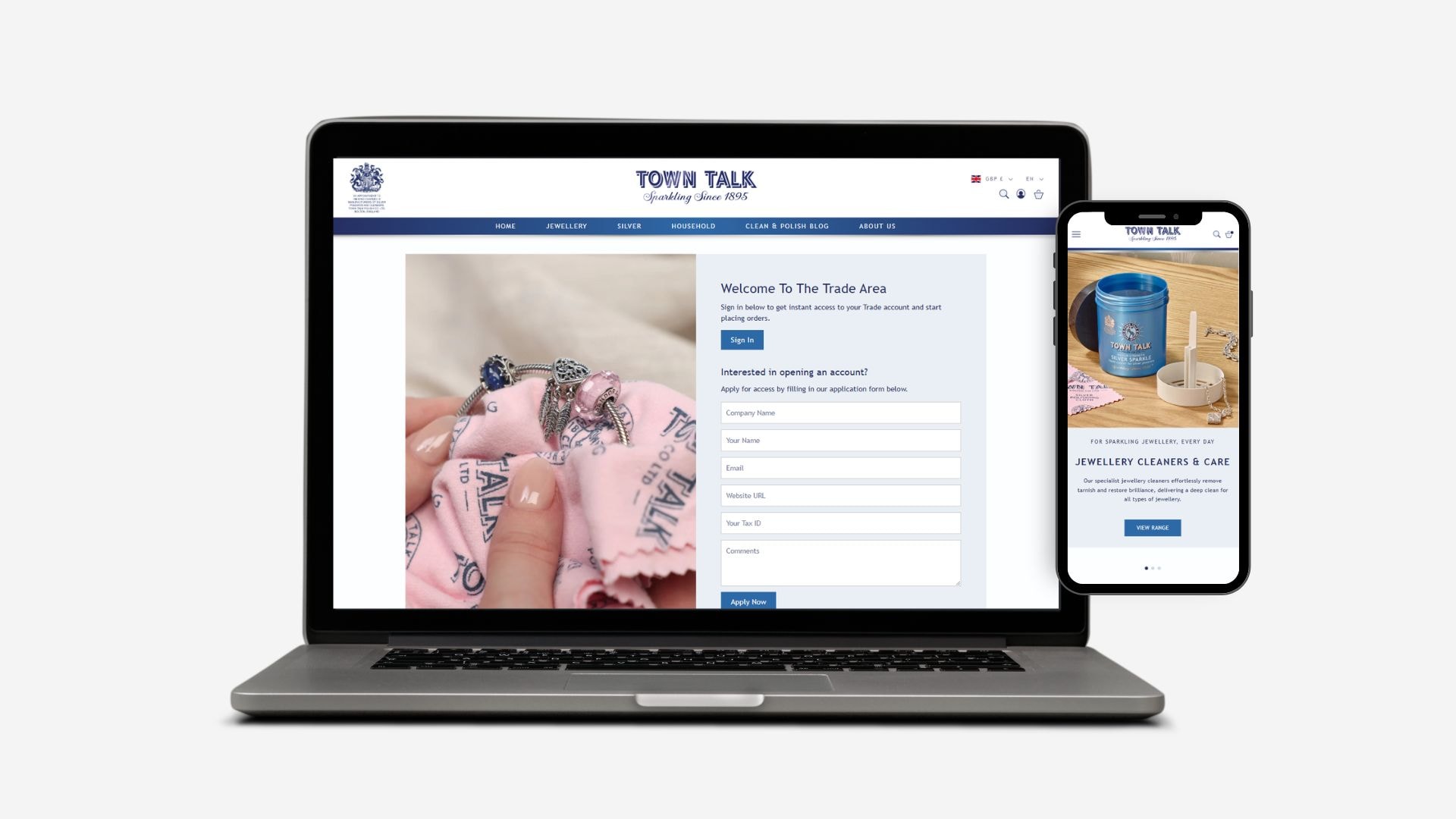 A heritage brand's Shopify store shown on a laptop and phone, serving both retail and trade customers