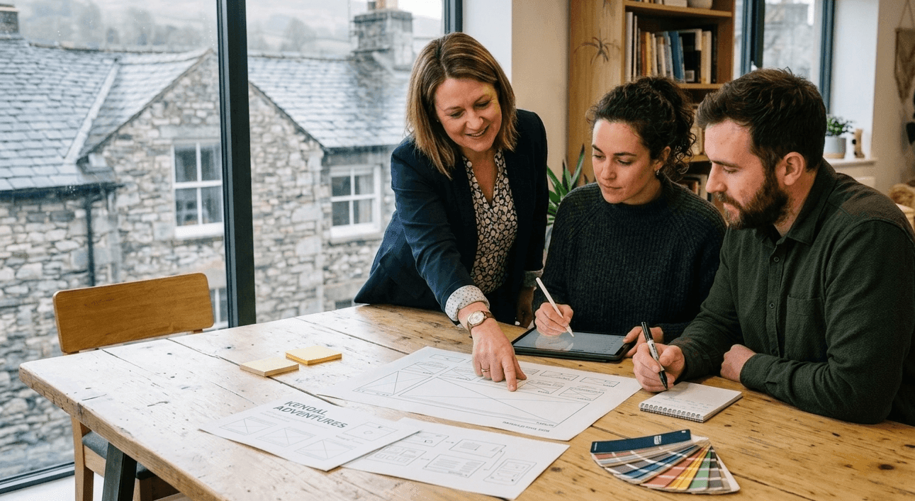 A web design workshop session in Kendal where a business owner reviews wireframes and project plans with the design team