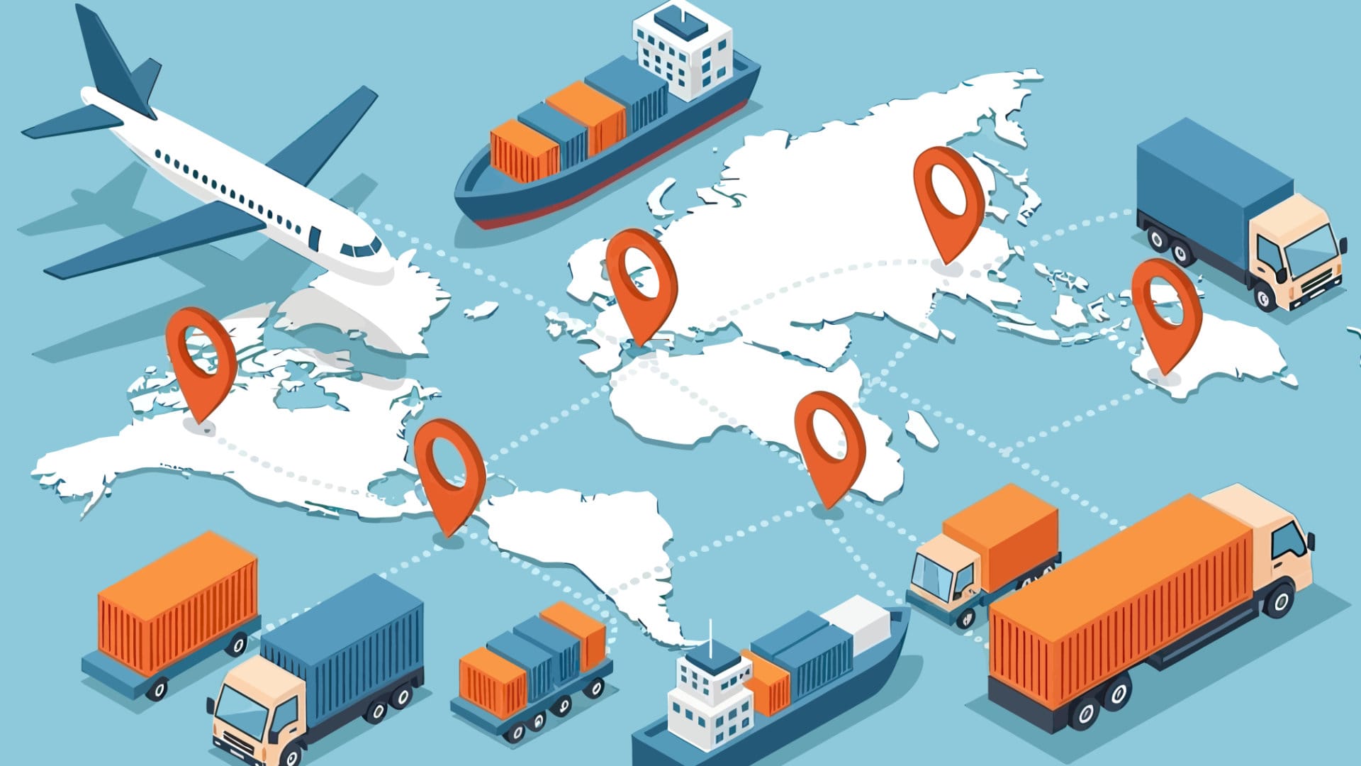 A world map with logistics methods shown