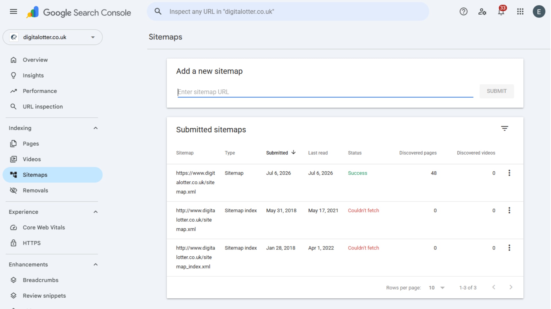 The Sitemaps section of Google Search Console, showing a submitted sitemap.xml marked as Success with 48 discovered pages, above the field for adding a new sitemap.