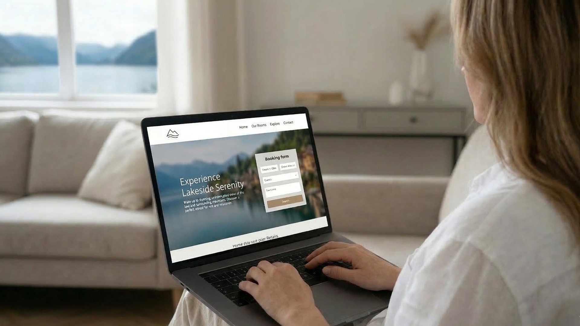 A well-designed accommodation website with a clear booking form visible on the homepage