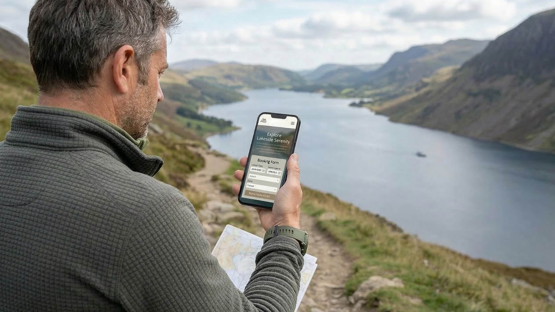 A person checking a hotel website on a smartphone while sitting outdoors near a Lake District lake