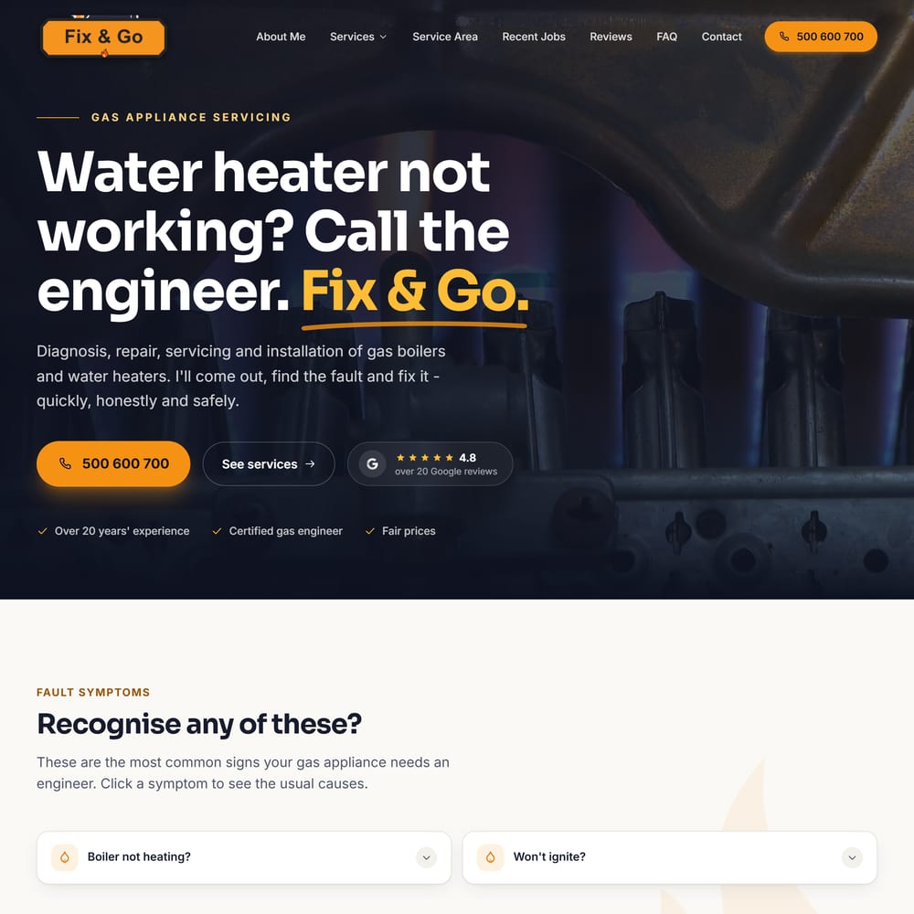 The Fix & Go website for a gas appliance engineer, designed symptom-first and phone-first