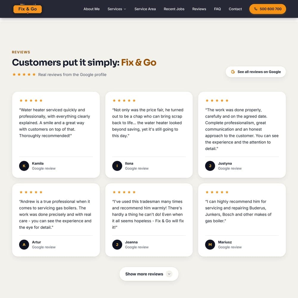 Real customer reviews built into the Fix & Go website