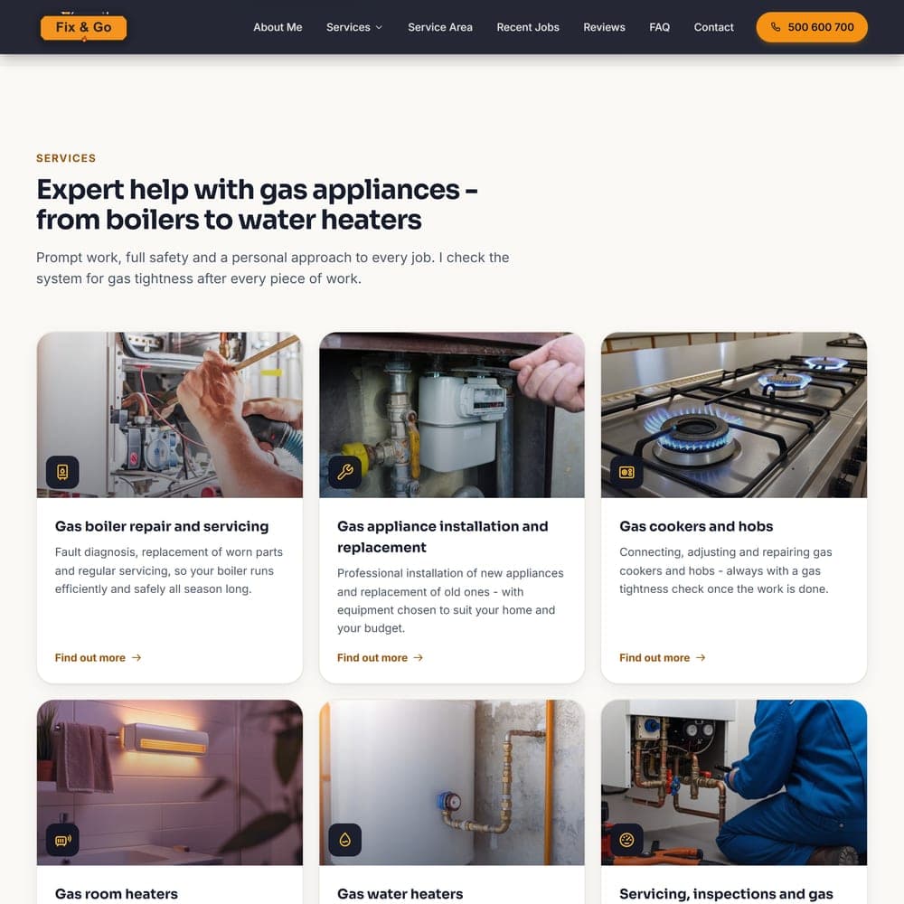 The Fix & Go services, from boiler repair to gas cooker installation, each with its own page