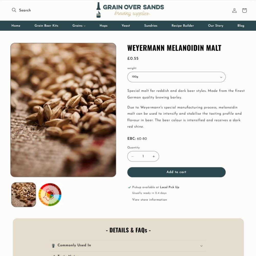 The Grain Over Sands recipe builder on the Shopify store