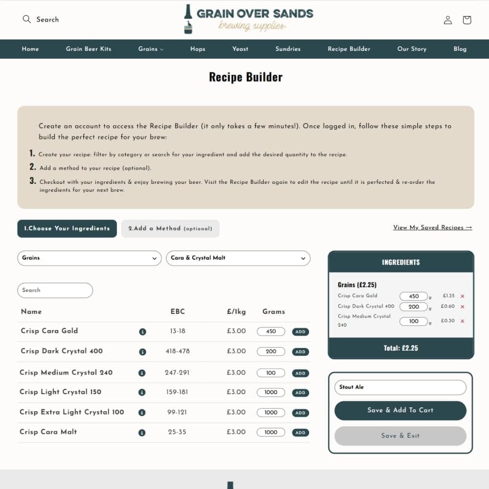 The Grain Over Sands storefront and recipe builder