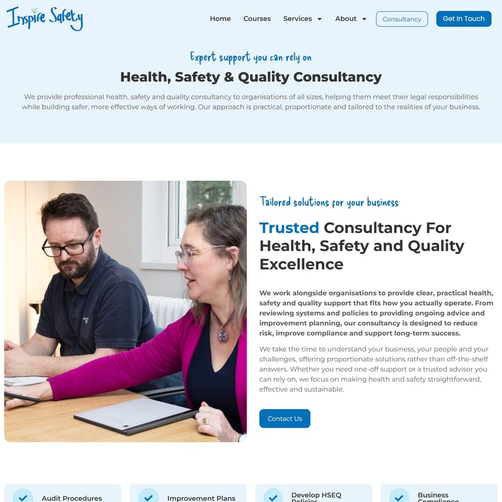 The Inspire Safety consultancy pages, presenting health, safety and quality support for regulated organisations