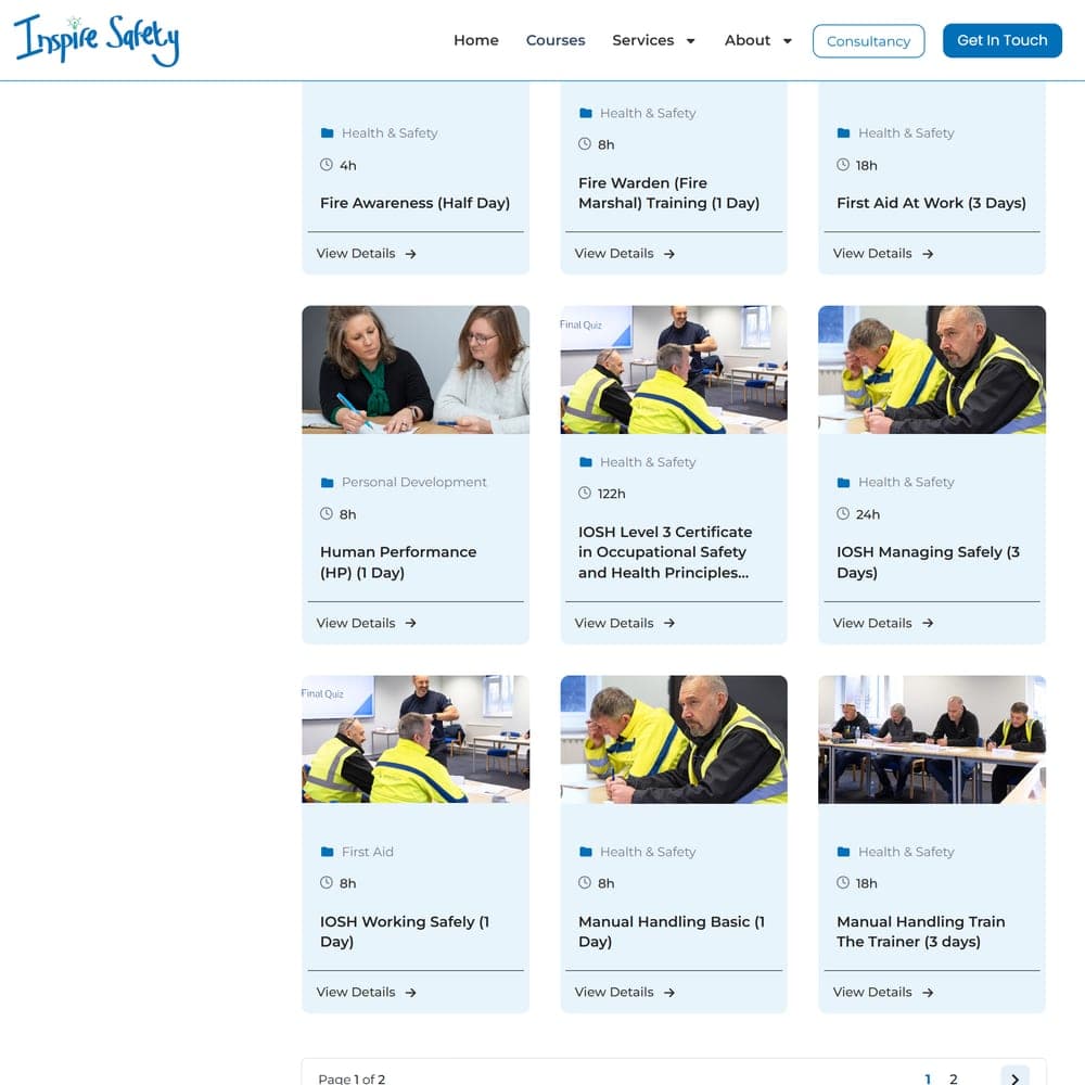 The Inspire Safety course catalogue, filterable by category and level, from first aid to IOSH
