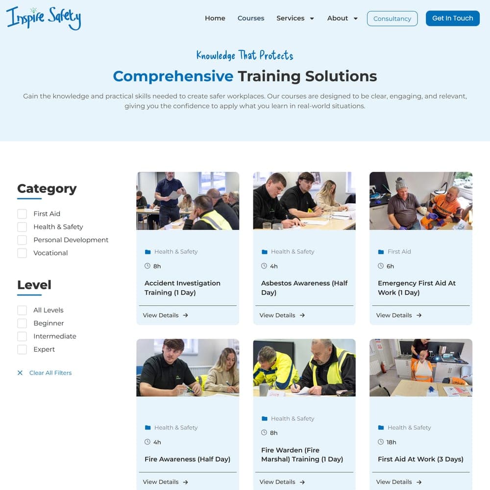 The Inspire Safety course catalogue, filterable by category and level, from first aid to IOSH