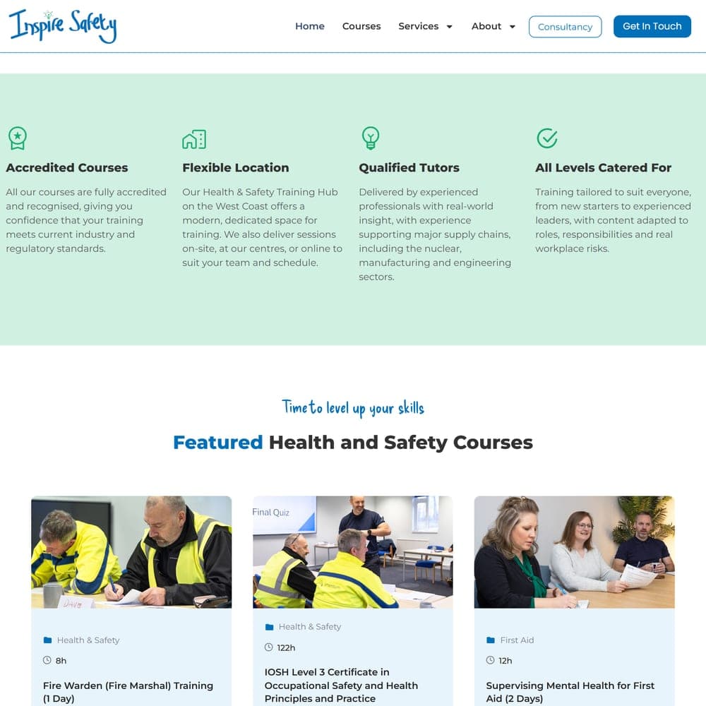 The Inspire Safety homepage presenting accredited courses, qualified tutors and training for every level