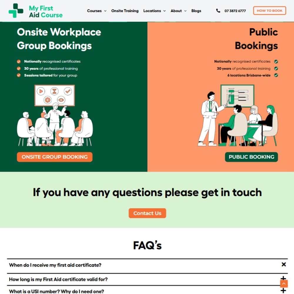 Course pages from the My First Aid Course website, organised by course type and training location