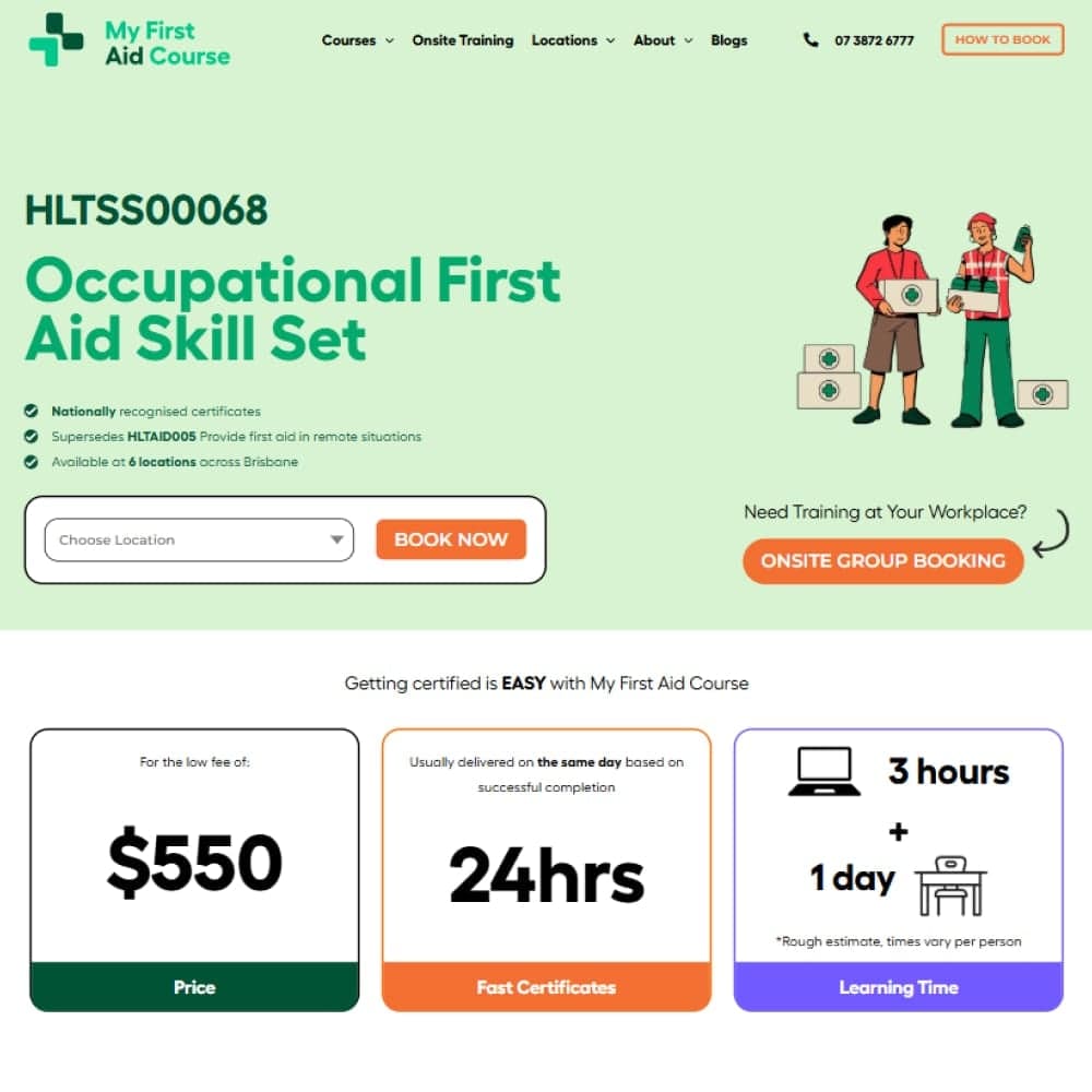 The My First Aid Course website design and content blocks