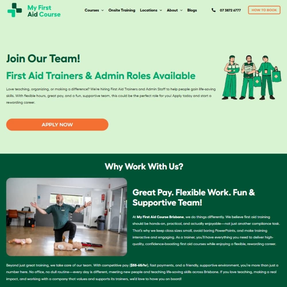The finished My First Aid Course website with online training bookings