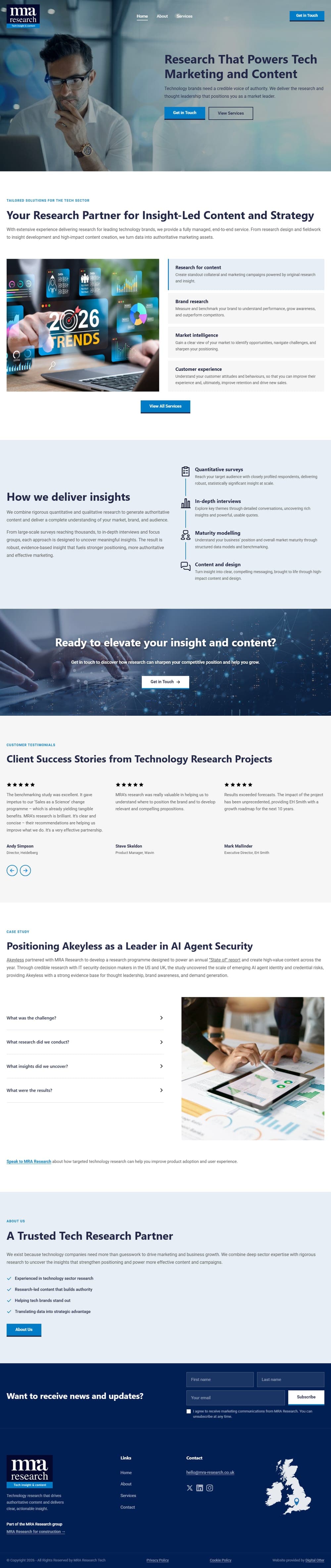 The full homepage of the custom WordPress website we designed and built for MRA Research