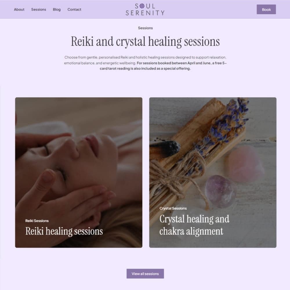 Pages from the Soul Serenity By Lianne website, designed with a peaceful, considered aesthetic